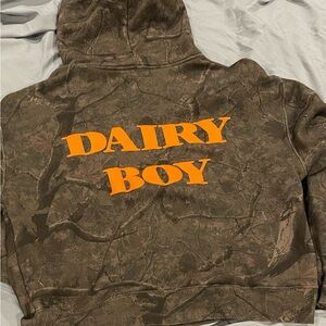 Dairy Boy Camo Hoodie with Orange Print